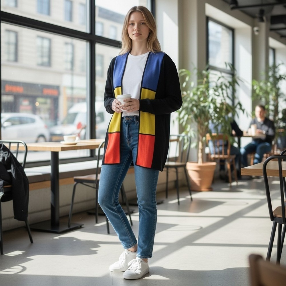Misook black knit open-front jacket colorful abstract stripe accent S vintage